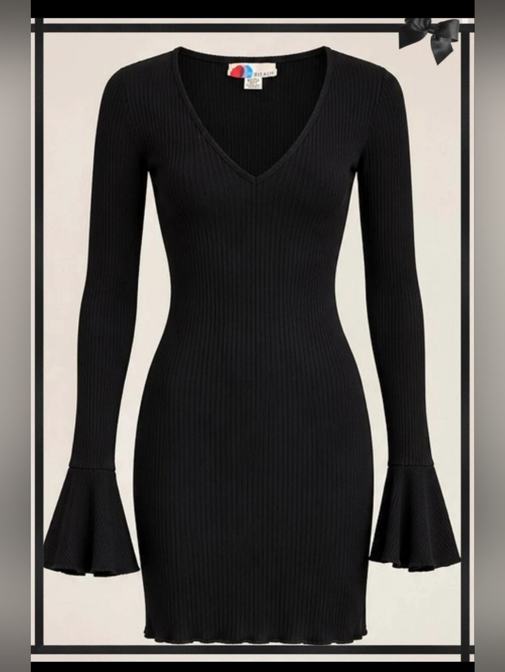 Free People Beach Black Ribbed Bell Sleeve Mini Dress XS